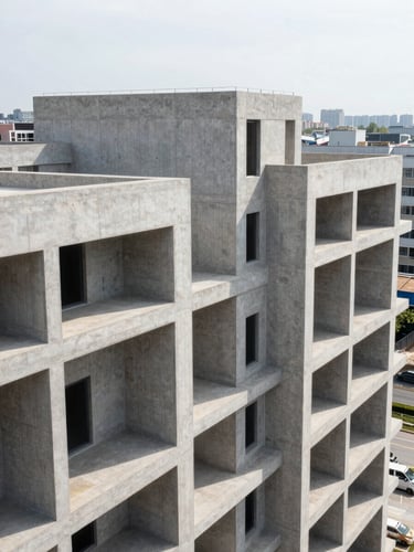 High-angle architectural elevation of a completed mixed-use commercial development, sharp geometric concrete lines, bright overcast daylight highlighting material quality.