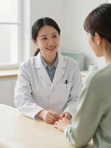 A warm clinical consultation between a professional acupuncturist and a patient in a bright, modern clinic with soft daylight.