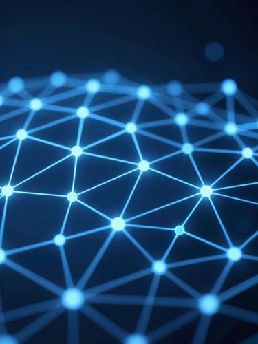 Close-up of a glowing 3D network of interconnected nodes and data flows, electric blue light tracing geometric paths across a deep midnight blue field, abstract and precise, no text, cinematic side-lighting from the left, sharp geometric forms suggesting connectivity and analytical structure