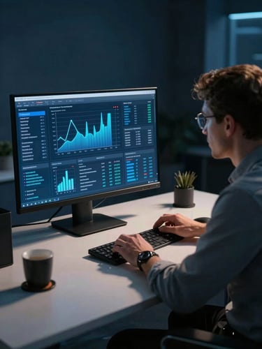 Medium shot of two strategists at a wide desk reviewing a campaign analytics dashboard on a large monitor — electric-blue data charts fill the screen, cinematic sidelight from left casts precise shadows across the desk surface, deep midnight-blue environment