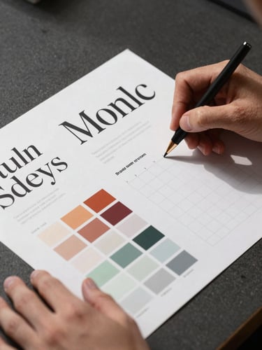 Close-up of hands annotating a brand identity system spread—typography specimens, color palette swatches, and grid layouts on a dark matte desk surface, studio overhead strobes, sharp geometric shadows, no faces