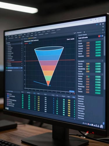 Close-up of a large monitor displaying a live PPC performance dashboard—conversion funnel graphs, cost-per-acquisition columns, and attribution path data—lit by studio overhead strobes, sharp contrast, midnight blue interface, no people visible