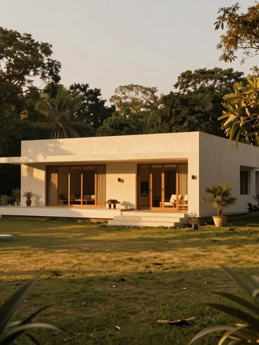 Serene environmental landscape of Goverdhan, a premium villa mockup nestled in lush greenery, warm golden-hour lighting, deep rich shadows, 35mm