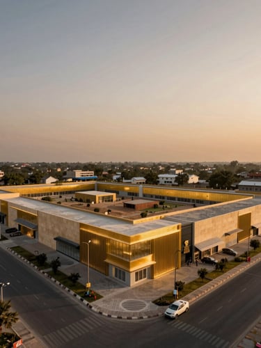 Wide-angle architectural shot of a planned commercial plot near Mathura highway, warm twilight sky, sharp gold accents, premium clean development, 35mm