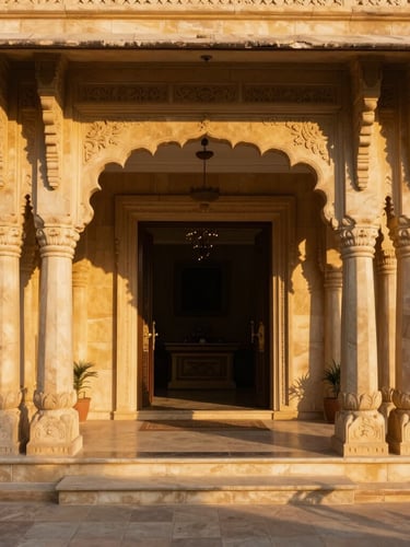Warm editorial architectural close-up of a premium villa entrance in Vrindavan, carved beige stone pillars, golden-hour sunlight casting long dramatic shadows, 35mm lens