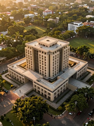 Cinematic drone view of a premium plotted development in Vrindavan, golden hour sunlight casting long shadows over lush green boundaries, architectural elegance, 35mm