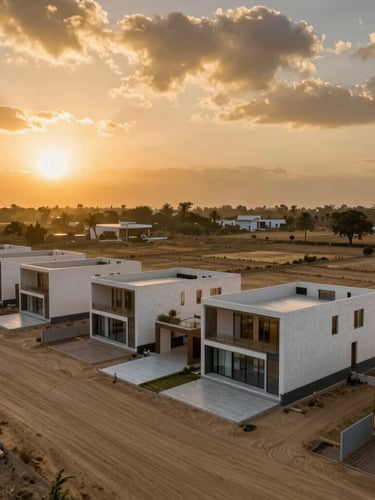 Breathtaking wide-angle drone shot of planned luxury farmhouses in Barsana, dramatic sunset sky casting rich gold and sand tones, 35mm