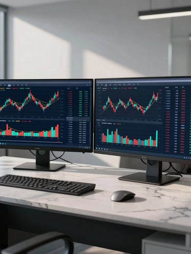 Wide angle shot of a modern financial dashboard on dual screens in a corporate office, cool daylight casting sharp shadows on a marble desk, clean and precise aesthetic.