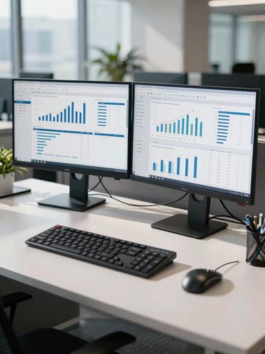 Modern corporate environment, dual-screen setup displaying clean financial dashboards with charts, cool bright daylight with sharp shadows, high-contrast, professional, detailed.