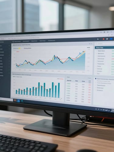 A close-up of a high-end financial dashboard on a dual-screen setup in a modern São Paulo office, cool morning daylight, sharp shadows, displaying clean cash flow graphs and metric tables.
