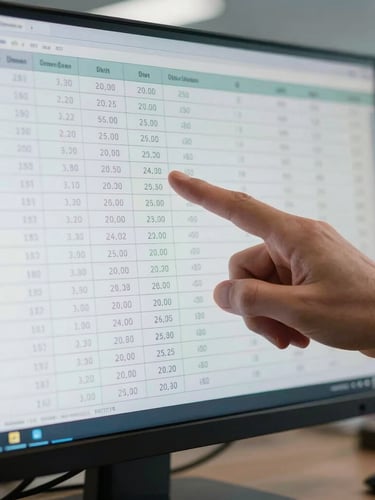 Macro detail of a financial analyst pointing at a clean spreadsheet on a monitor screen, cool bright daylight, sharp focus on data columns.