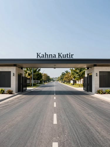Wide-angle straight-on architectural elevation of a modern gated community entrance gate with a clear sign reading Kahna Kutir, bright midday sun, paved wide asphalt road leading inside, no people, high-trust civic feel.