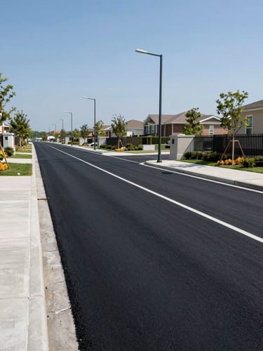 Wide-angle midday photograph of a newly paved 12-meter wide blacktop road inside a gated residential development, clean concrete curbs, modern streetlights lining the side, clear blue sky.