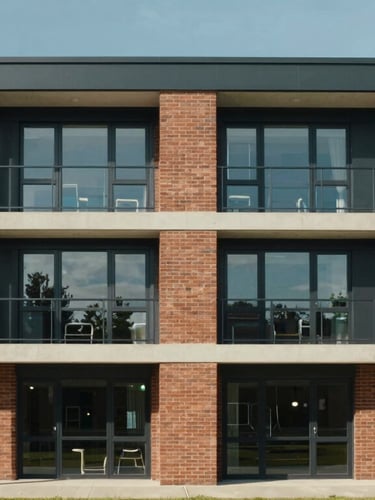 A straight-on architectural elevation of a modern four-story student hostel building with brick accents and large windows under bright midday sun