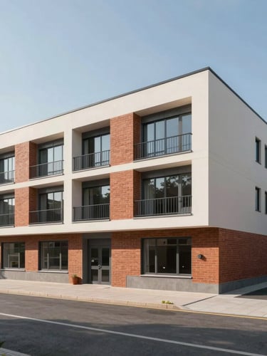 Straight-on architectural rendering of a modern three-story student hostel building with clean lines, terracotta brick highlights, large windows, situated on a wide paved street.