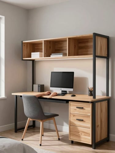 Architectural shot of a clean, organized teen bedroom with a modular desk system, integrated storage, and subtle LED lighting. Natural daylight streams through a window, highlighting the matte black steel and warm birch accents. A teen's hands are visible on a keyboard, focused on the screen, but the room itself is the subject.