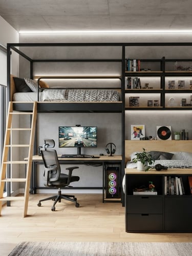 High-contrast architectural shot of a modular teen bedroom setup, matte black powder-coated steel frame, warm birch accents, integrated gaming desk with cable routing, storage bed, and wall shelves, natural daylight with subtle LED backlighting, sharp focus.