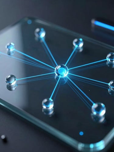 Sleek 3D digital nodes and glowing blue light paths running across a dark glass surface, high-end technical visualization, 35mm