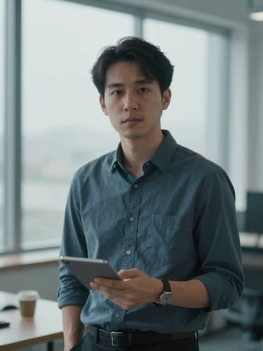 Cool editorial portrait of a male market analyst in a minimalist office, soft overcast daylight through a window, desaturated blues and slate tones, shallow depth of field, 35mm