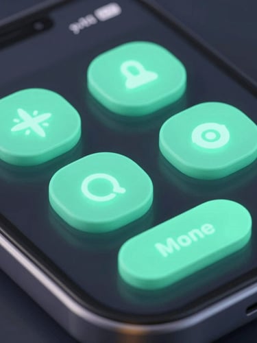 Macro shot of a dark-mode mobile game interface, glowing neon-mint controls, sharp focus, 3d render
