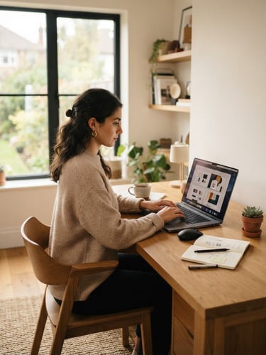 Bright editorial photography of a modern, clean home office workspace. A focused self-employed designer works on a laptop, soft natural daylight filtering through a large window, warm tones, shallow depth of field.