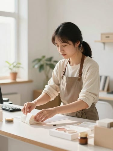 Warm editorial photography of a small business owner organizing products in a bright, modern studio. Soft natural light, clean environment, professional and calm productivity, shallow depth of field.