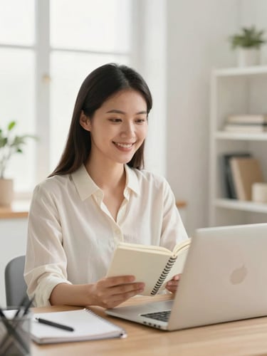 A professional woman smiling in front of her laptop in a bright home office, holding a notebook, soft daylight, warm tones.