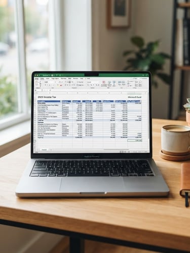 Bright modern workspace with soft natural daylight, a laptop showing clear tax spreadsheets on a clean wooden desk, professional and warm atmosphere