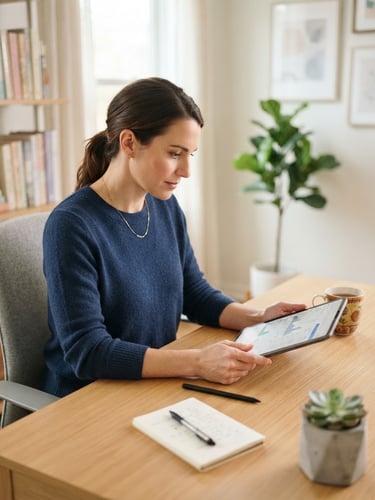 Bright modern home office workspace, a focused professional reviewing financial data on a tablet, soft natural daylight, clean desk, shallow depth of field