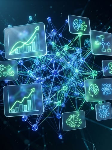 Abstract 3D render of interconnected network nodes and floating dashboard panels with growth graphs, automation icons, and AI symbols, in vibrant royal blue and neon green, with glassmorphism effect and subtle glow.