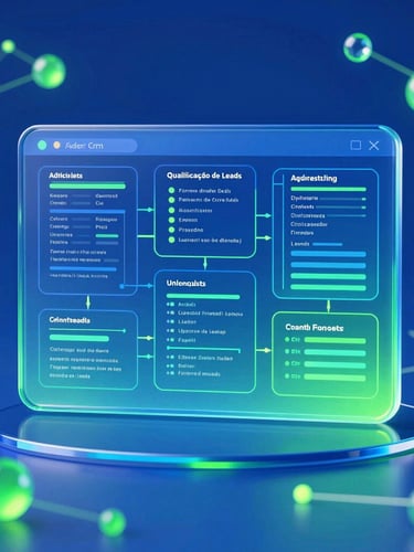 Visualização abstrata de um agente de IA trabalhando em um painel de CRM, com dados fluindo e indicadores de qualificação de leads, em tons de azul e verde translúcido, com efeito glassmorphism.