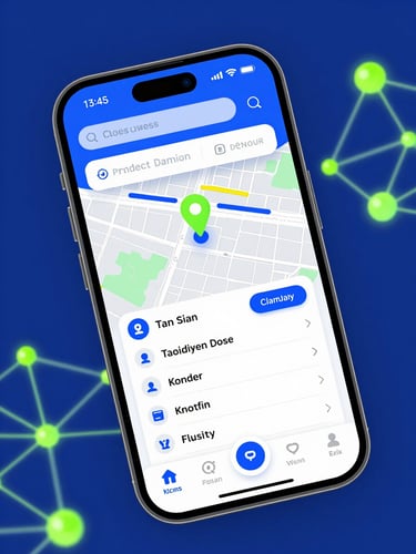 Close-up of a smartphone screen displaying a mobile application interface for campaign management, showing a map with pins, task lists, and communication features, with a subtle glassmorphism effect, in royal blue and neon green accents.