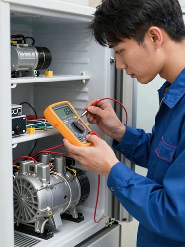 Close-up of a clean-cut technician in a blue uniform using a digital multimeter to test wiring harnesses on a modern refrigerator compressor.