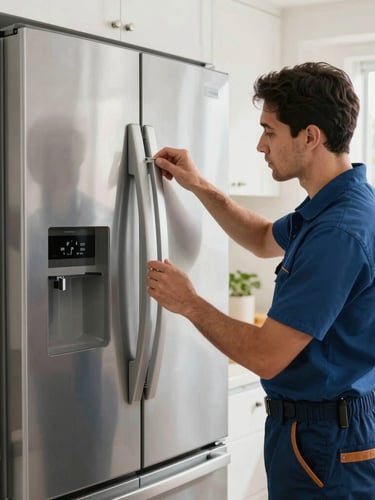 A professional service technician in a clean uniform inspecting the door seals of a modern French door refrigerator in a South Florida home kitchen, bright natural light.