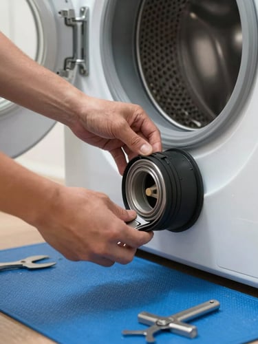 Technician hands replacing a black rubber drum belt on a washing machine motor, close-up, tools on a protective blue mat, natural indoor home light.