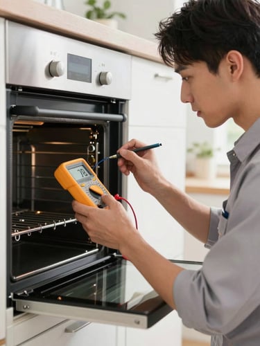 A focused technician in a clean uniform using a digital multimeter to test the heating element terminal inside a modern wall oven, bright natural kitchen light