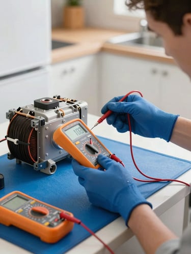 A medium close-up of a clean-cut technician's hands in blue work gloves using a digital multimeter to test a refrigerator compressor coil. Bright, natural indoor kitchen light illuminates the scene, with a protective blue work mat laid out beneath the tools.