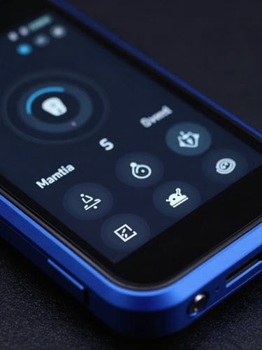 Macro close-up of high-end rugged Android device showing complex telemetry UI, sharp electric blue accents, low-key studio lighting, 35mm