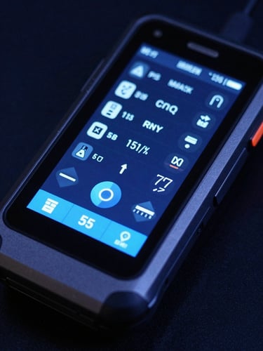 Macro close-up of a premium rugged Android handheld terminal displaying a dense telemetry interface, sharp electric blue highlights on dark steel casing, low-key dramatic studio lighting, 35mm.
