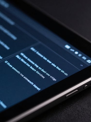 Macro close-up of a rugged Android tablet displaying a complex terminal layout, low-key dramatic studio lighting, sharp electric blue highlights, 35mm
