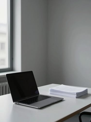 Wide environmental shot of a minimalist executive workspace corner — a clean desk surface with a single open laptop, a precise stack of documents to the right, controlled cool daylight entering from a high window off-frame left, neutral grey walls, no people, no decoration
