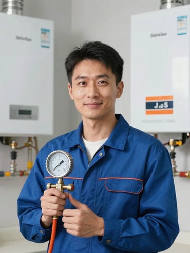 Portrait of a DeltaGas J&S technician (male, 30s) in a clean uniform, holding a pressure gauge, looking friendly and professional. He is standing next to a modern water heater in a well-lit utility room. Natural indoor lighting, clean blue and orange tones, sharp focus, 35mm lens, authentic editorial photography.