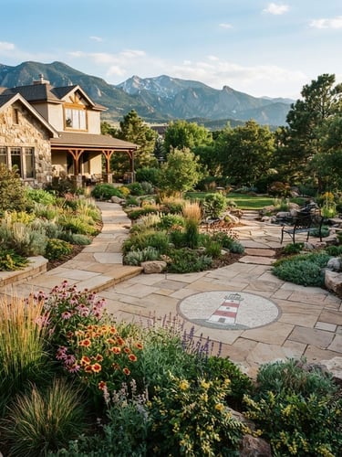 Wide shot of a well-maintained Colorado Front Range yard with native plantings and a mountain backdrop under natural sunlight, a subtle lighthouse icon integrated into the clean hardscape.