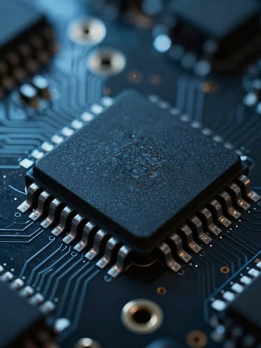 Macro shot of a legacy industrial microcontroller chip on a dark circuit board, cool blue technical highlights, low-key lighting.