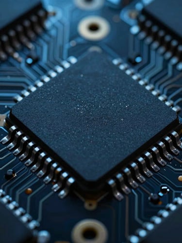 Macro photography of an industrial microcontroller circuit board, cool technical blue highlights, high contrast, deep obsidian background, sharp focus on silicon chip