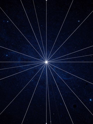 Dramatic high-contrast astronomical chart overlaying a dark blue starfield, sharp white lines, minimalist cosmic aesthetic