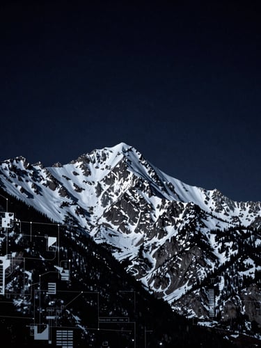 Dramatic snow-capped mountain peaks of Park City Utah under a dark starry night sky, low-key silver highlights, high-contrast astronomical data lines faintly overlaid, 35mm photography