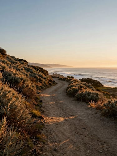 A quiet California coastal trail at sunrise, soft golden light illuminating sagebrush and distant ocean, peaceful and vast.