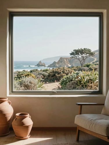 Soft natural daylight illuminating a warm, welcoming room with terracotta pots, a comfortable chair, and a view of California coastal scrub outside the window.