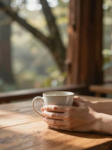 Soft natural morning light filtering through redwood branches, a warm wooden table with hands holding a ceramic mug in the foreground, calm and grounded atmosphere.